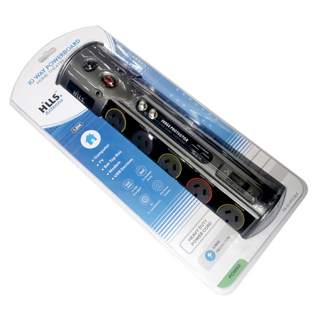 Hills Antenna 10 Way Surge Protector with 2 x USB Ports + TV Outlet + Network Outlet - 09HPB-10-HT3/BLK