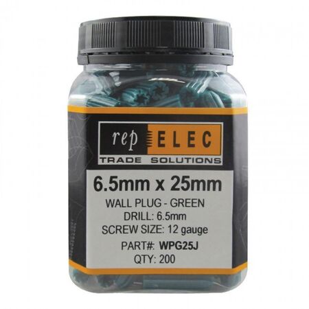 STAR PLUG 25mm x 12G GREEN 6.5mm DRILL SIZE, JAR [200]