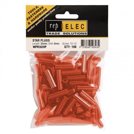 STAR PLUG RED 30mm (6mm DRILL), [100]