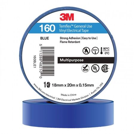 TAPE, VINYL ELECTRICAL 160 TEMFLEX, BLUE, 18mm x 20m