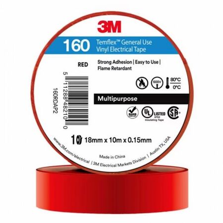 TAPE, VINYL ELECTRICAL 160 TEMFLEX, RED, 18mm x 20m