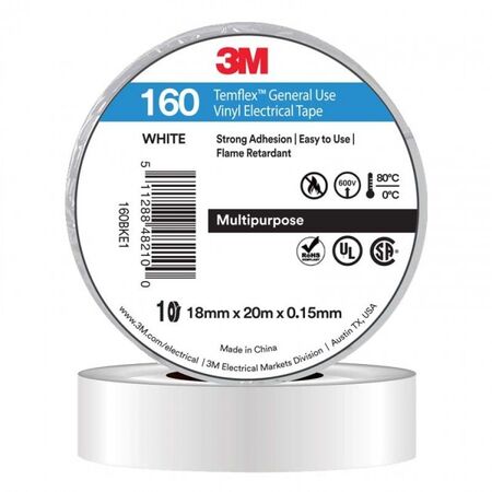 TAPE, VINYL ELECTRICAL 160 TEMFLEX, WHITE, 18mm x 20m