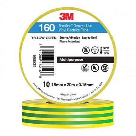 TAPE, VINYL ELECTRICAL 160 TEMFLEX, GRN/YEL, 18mm x 20m