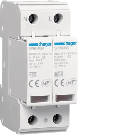 Surge Protection Device 2P TNS/TT Uc 275V In 2kA Imax 8kA Up 1kV