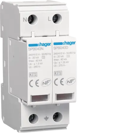 Surge Protection Device 2P T2 TNS/TT Uc 275V In 20kA Imax 40kA