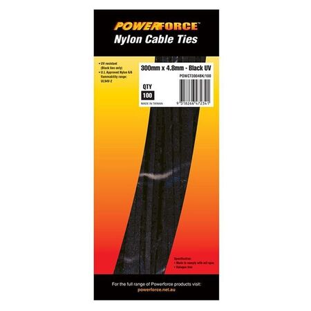 CABLE TIE, NYLON - BLACK UV 300mm x 4.8mm [100] PACK