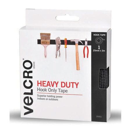 VELCRO HOOK, HEAVY DUTY BLACK STICK ON TAPE 25mm x 3m