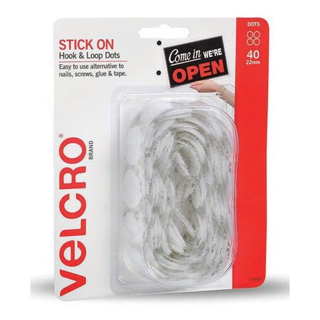 VELCRO STICK ON DOTS, WHITE 22mm DIA, [40] SETS ON A ROLL