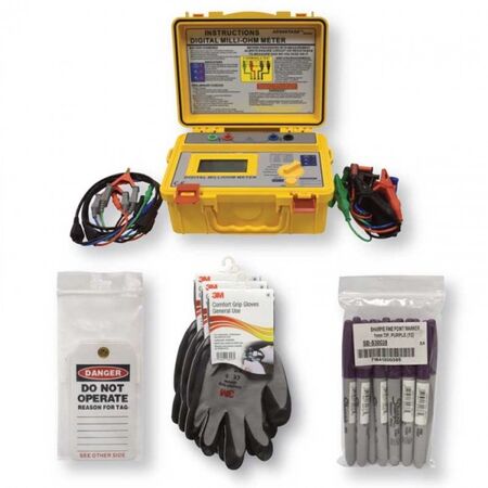 MILLIOHM METER, 12VDC WITH DANGER TAGS, GLOVES, MARKERS