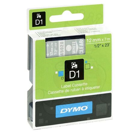 D1 STANDARD TAPE WHITE ON CLEAR, 12mm x 7m