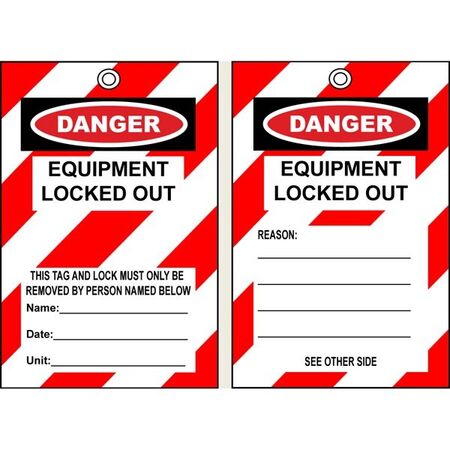 SAFETY TAG, POLY. 140 x 75mm EQUIPMENT LOCKED OUT [5] PK
