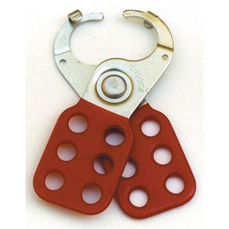 STEEL LOCKOUT HASP, 25mm JAWS RED VINYL COAT, HANG PACK