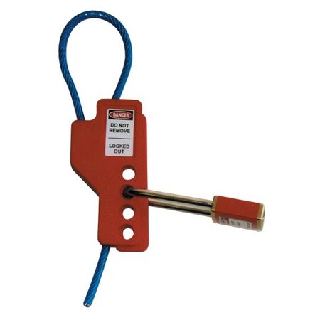 LOCKOUT HASP, 4 HOLES, 5mm DIA STEEL CABLE 300mm LONG, RED