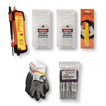 VOLTAGE TESTER WITH STRIPPER DANGER TAGS, GLOVES, MARKERS