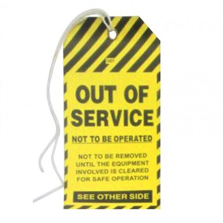 OUT OF SERVICE TAG WITH BRASS RING & STRING TIE. [100]