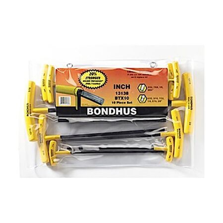 HEX KEY SET, 10 PCE, T-HANDLE BALLDRIVER, IMPERIAL 3/32-3/8