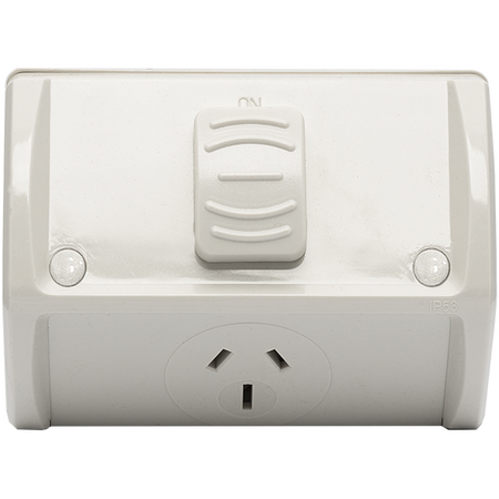 Unison Atmos Weatherproof Powerpoint, Double, Rectangular, 10A with Extra Switch, 250VAC, IP53, Grey