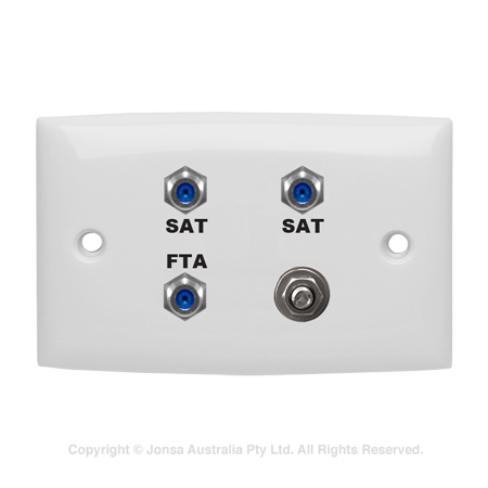 OUTLET, WALLPLATE, 3 X F FEMALE 3 GHz + EARTH, FOXTEL LOGO & FTA