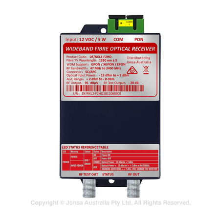 FIBRE, RECEIVER, HIGH OUTPUT SC/APC XGPON READY RF OUT 47 MHz TO 2400 MHz AT 95 dBuV, AGC RANGE +2 to -8 dBm