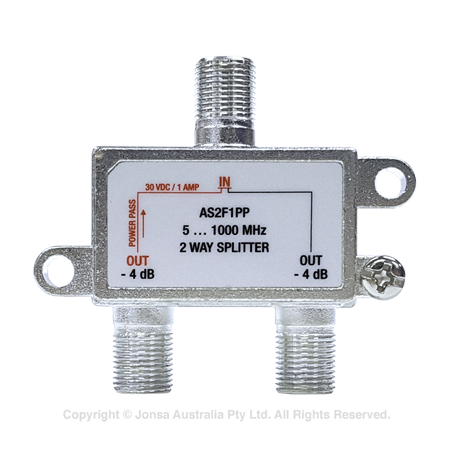 SPLITTER, 2 WAY, F TYPE, 1 LEG POWER PASS, FTA, 5-1000 MHz, SOLDER BACK