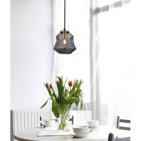 PENDANT ES Smoke Glass Angled Bell w/Ant.Brass Highlgt OD170mm