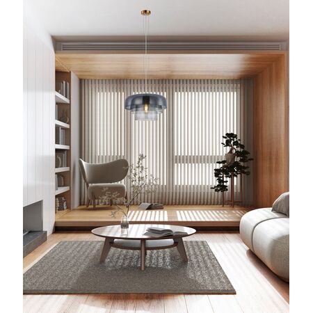 PENDANT ES 40W DOME Smokey Black Glass x3 w/Brass Highlight OD420mm