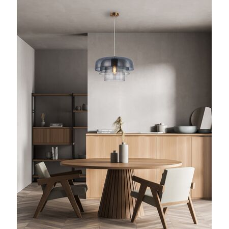 PENDANT ES 40W DOME Smokey Black Glass x3 w/Brass Highlight OD420mm