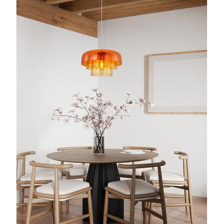 PENDANT ES 40W DOME Smokey Black Glass x3 w/Brass Highlight OD420mm