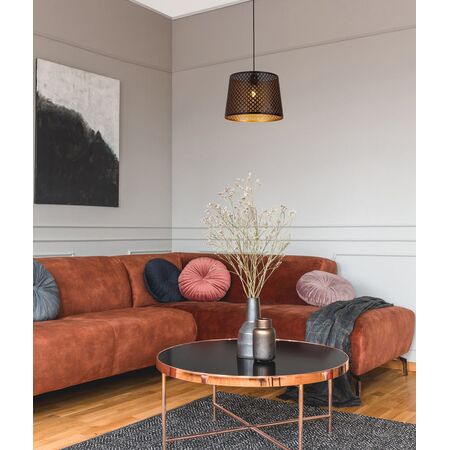 PENDANT ES 60W Blk w/Gold Interior Iron SLANTED w/Geometry Pattern OD350 x H250 mm
