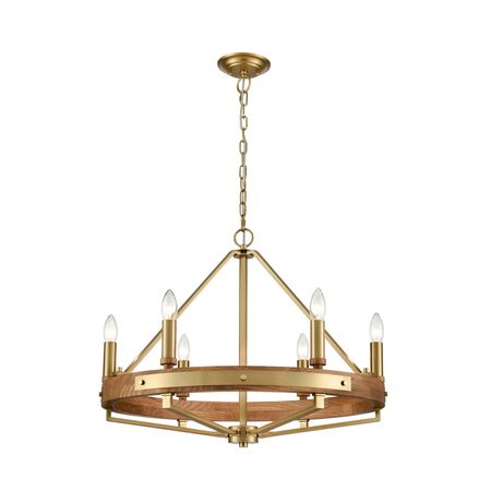 PENDANT SESx6 Small OD662mm Candelabra Medium Oak Wood & Satin Brass Hardware