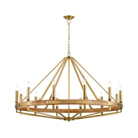 PENDANT SESx12 Large OD1212mm Candelabra Medium Oak Wood & Satin Brass Hardware