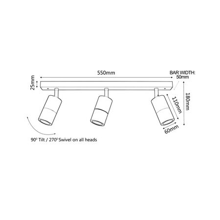 PILLAR ADJ 3 Light GU10 Titanium IP44 RECT BAR B/Plate