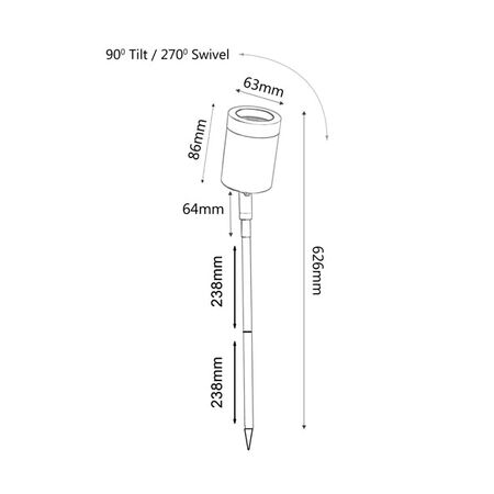 SPIKE S/ADJ 12V MR16 Blk IP65 L626mm Cable encl