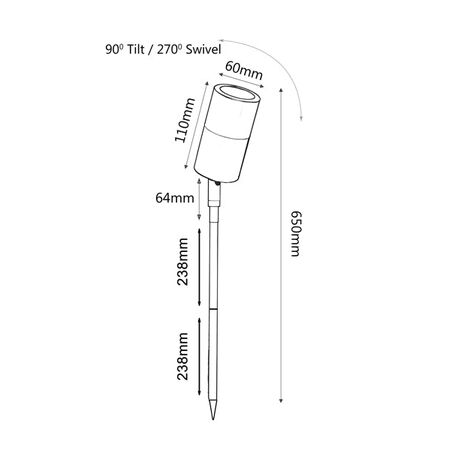 SPIKE S/ADJ 12V MR16 Blk IP65 L650mm Cable encl