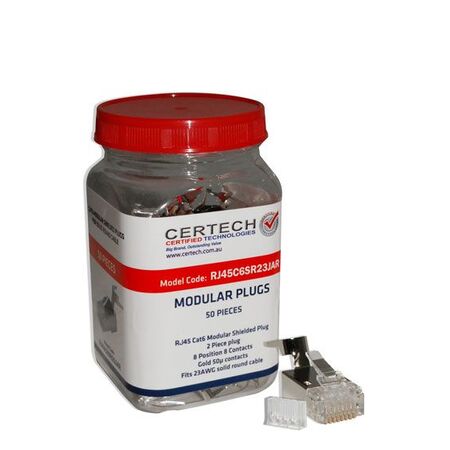 CERTECH Cat6 RJ45 23AWG Plug 50pc Jar, Round Solid Shielded