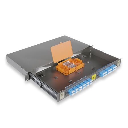 1RU Sliding Fibre Enclosure. Inc: 2 x 24F Splice Trays, Cable Ties, Hook & Loop, Routing Rings, Cable Glands & 48 x Splice Protectors