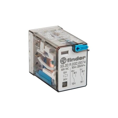 Finder 55 Series Miniature GP Relay 10A 2CO 32V DC Coil with PB plus LED plus Mech Indicator