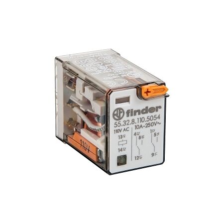 Finder 55 Series Miniature GP Relay 10A 2CO 110V AC Coil PB plus LED plus Mech Indi Gold Cont