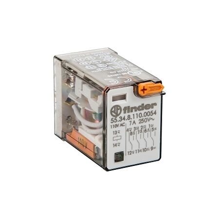 Finder 55 Series Miniature General Purpose Relay 7A 4CO 110V AC Coil with PB plus LED plus Mech Ind