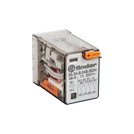 Finder 55 Series Miniature General Purpose Relay 7A 4CO 48V AC Coil with PB plus LED plus Mech Ind