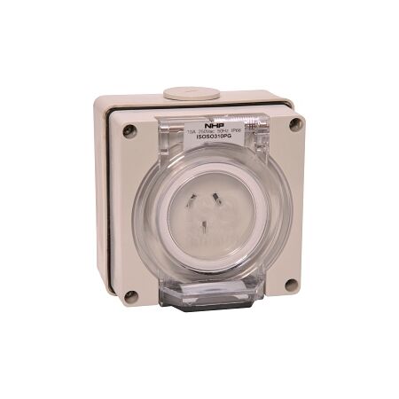 NHP ISO Socket Outlet, 3 Flat Pins 10A 250V AC, w/ Base, Grey