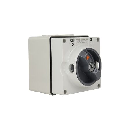 NHP ISO Surface Switch - Key, Lock in OFF, 2 Pole 20A 250V AC, w/ Base, Grey NHP ISO Surface Switch - Key, Lock in OFF, 2 Pole 20A 250V AC, w/ Base, Grey