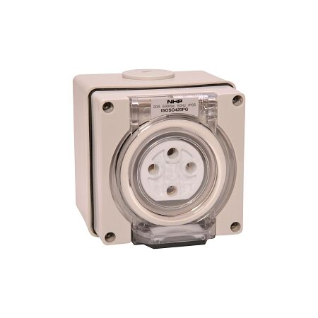 NHP ISO Socket Outlet, 4 Round Pins 20A 500V AC, w/ Base, Grey