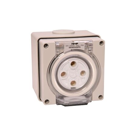 NHP ISO Socket Outlet, 4 Round Pins 32A 500V AC, w/ Base, Grey