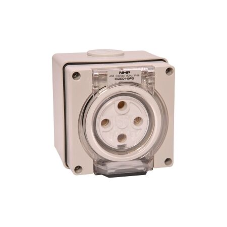 NHP ISO Socket Outlet, 4 Round Pins 40A 500V AC, w/ Base, Grey
