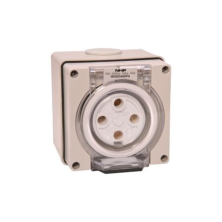 NHP ISO Socket Outlet, 4 Round Pins 50A 500V AC, w/ Base, Grey