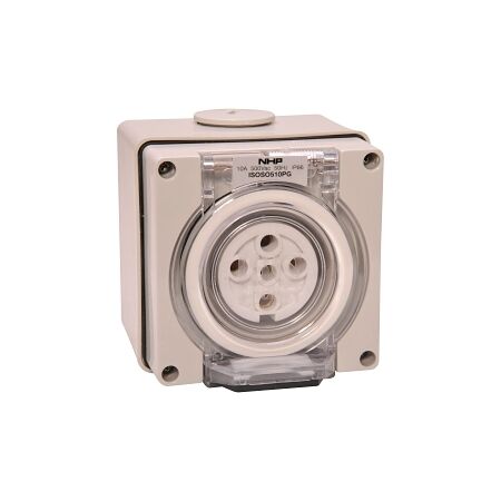 NHP ISO Socket Outlet, 5 Round Pins 10A 500V AC, w/ Base, Grey