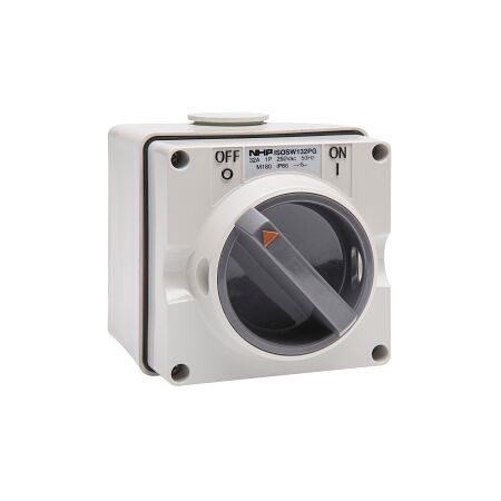 NHP ISO Surface Switch, 2 Pole 32A 250V AC, w/ Base, Grey