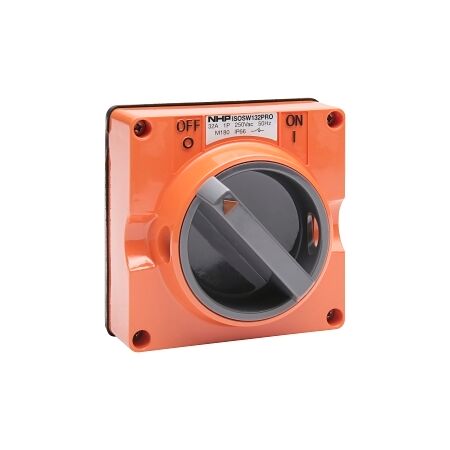 NHP ISO Surface Switch, 2 Pole 32A 250V AC, w/o Base, Resistant Orange