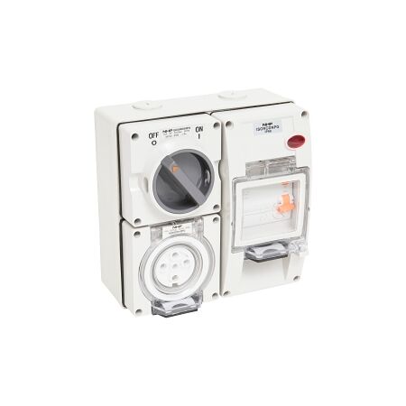 NHP ISO Switched Socket Outlet - RCD, 5 Round Pins 10A 500V AC, with Base, GY